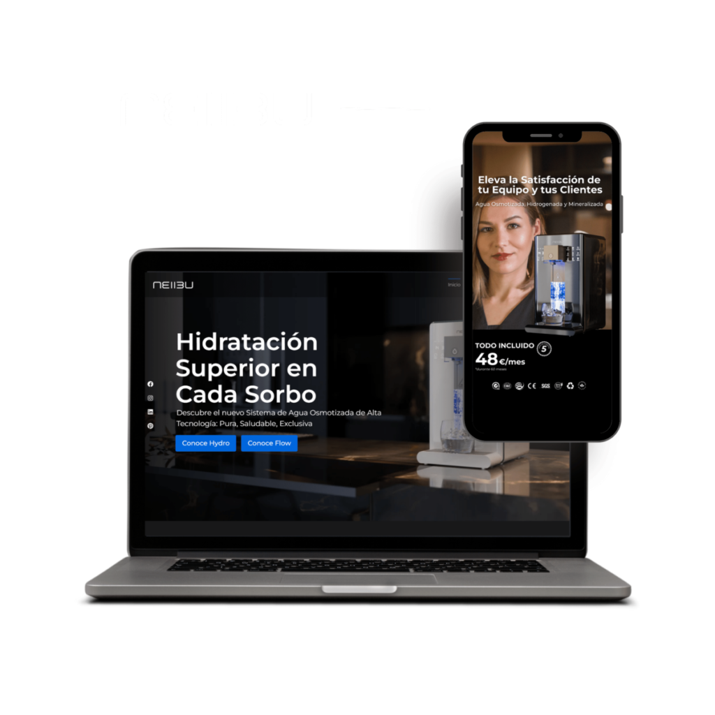 Laptop and smartphone displaying NEIIBU branding, featuring hydration system promotion and subscription details, emphasizing high-quality water technology.